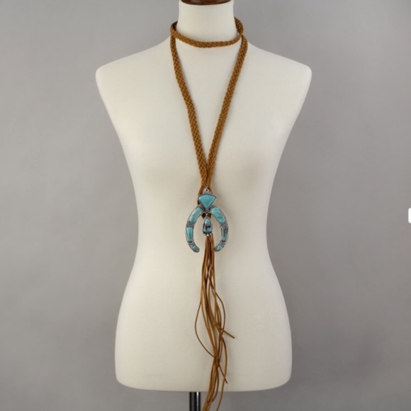 Boho Long Faux Turquoise Pendant Suede Necklace - Picture 2 of 3